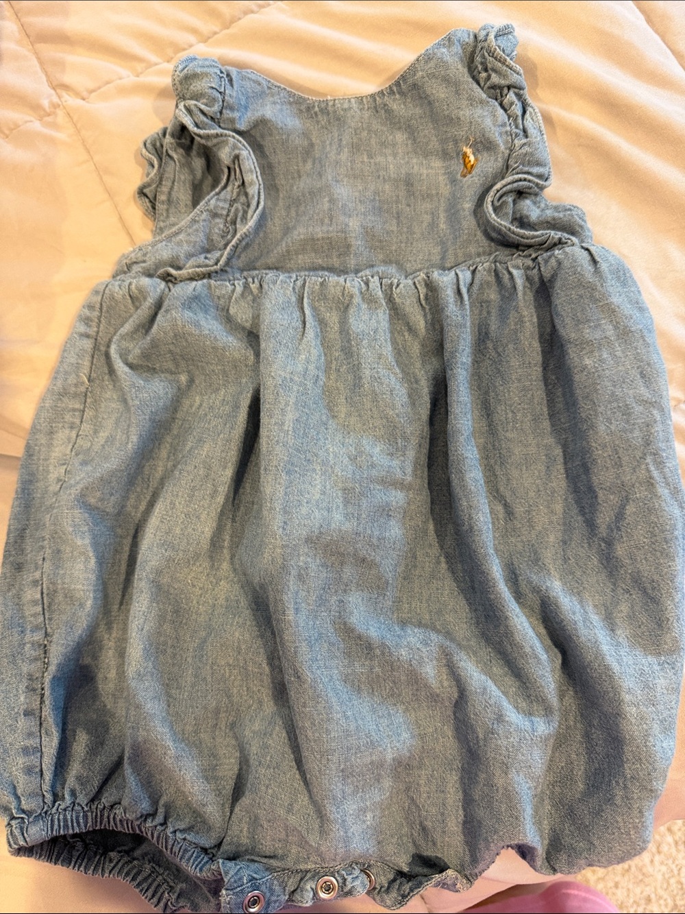 Ralph Lauren Light Denim Bubble Romper with Gold Pony